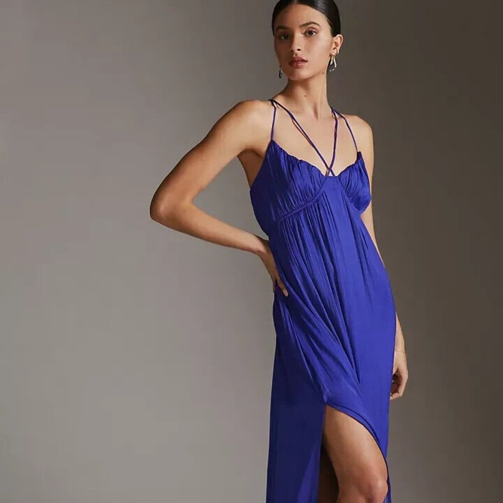NWT: Anthropologie Halter Side-Slit Maxi Dress; Blue